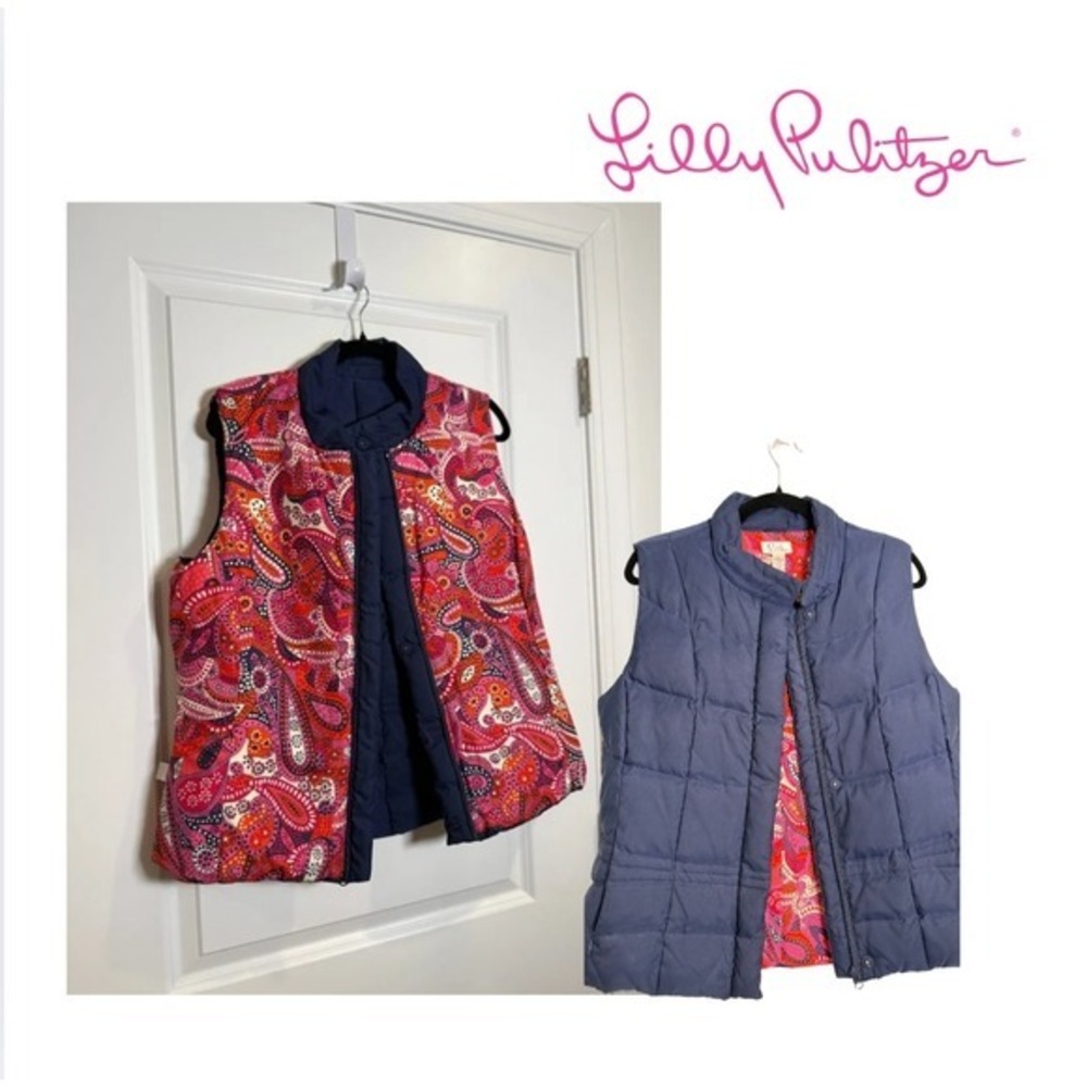 Lilly Pulitzer Navy‎ Down Feather Puffer Vest w/ Pink Paisley Lining